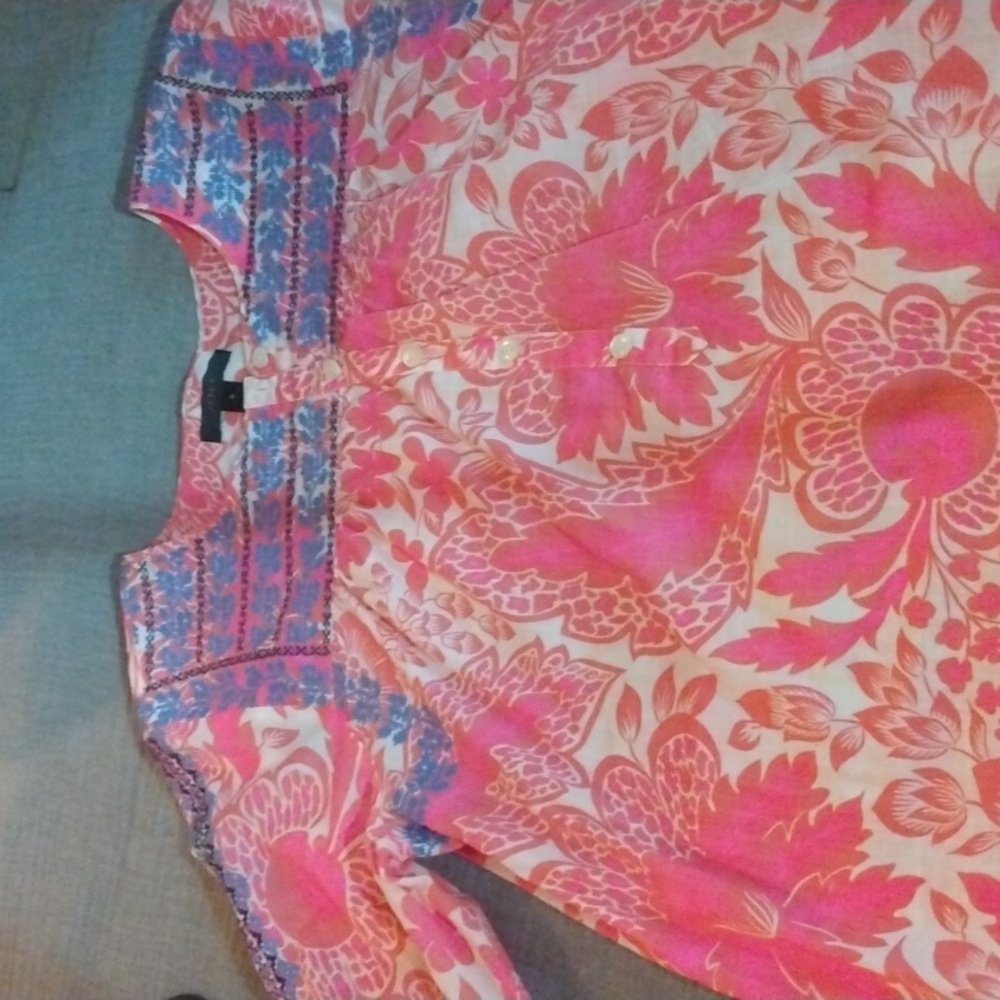 J. Crew pink/blue/navy embroidered cotton long sleeves top size 8